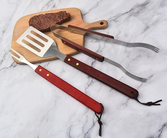 Classic 3 Piece Stainless Steel Braai Tools with Wooden Handles